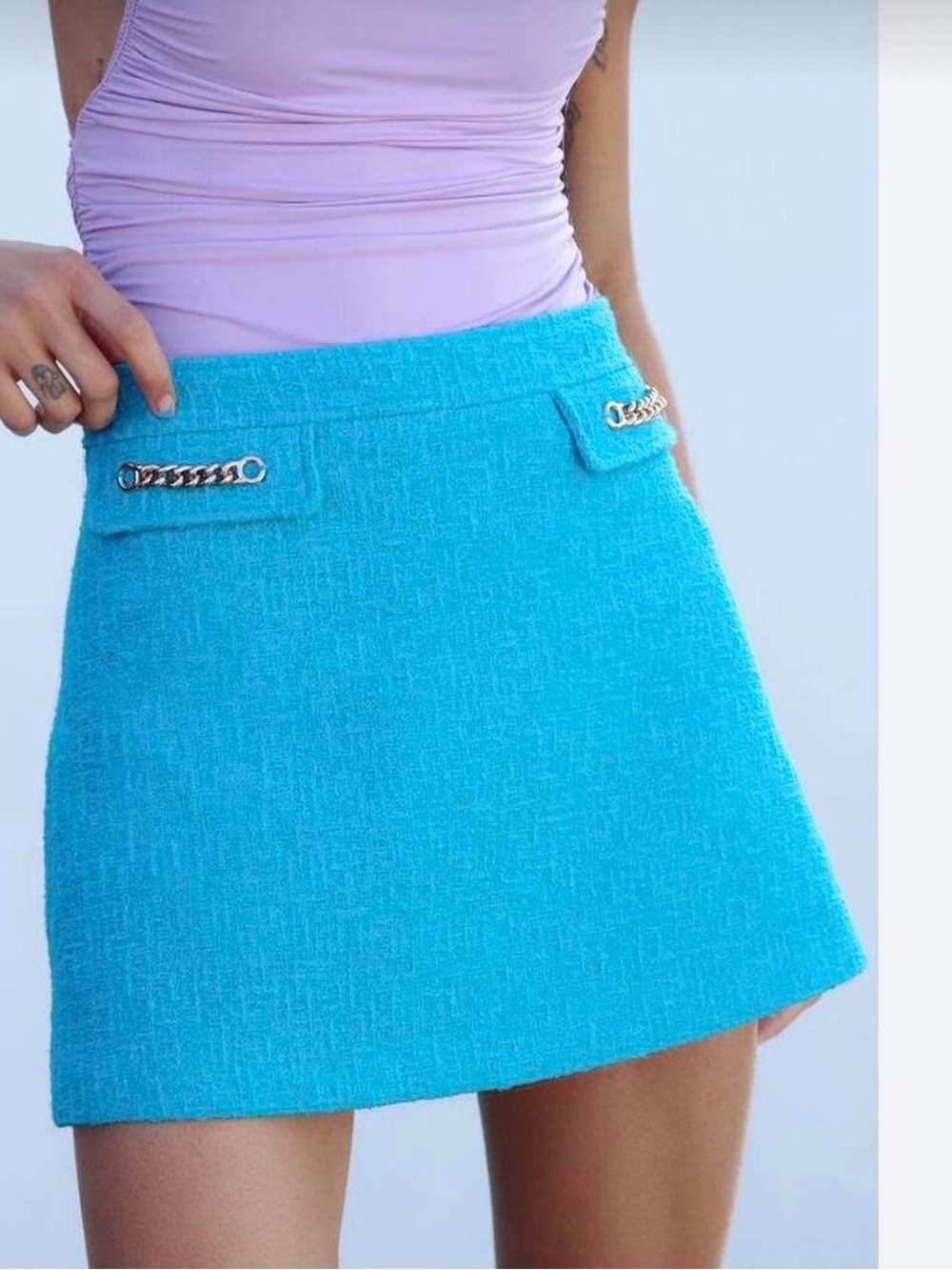 Zara Turquoise Chain-Pocket Tweed Mini Skirt - Women